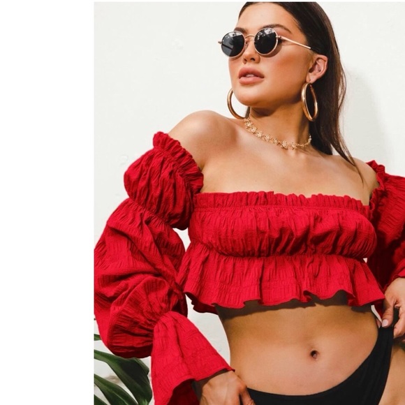 Crop top puff sleeve blouse red sexy summer party off shoulder top womens - Picture 4 of 5
